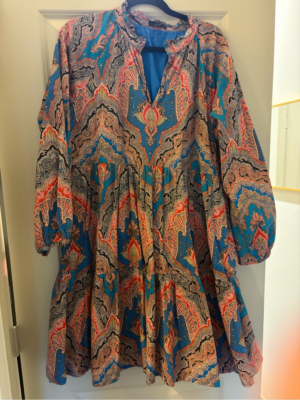 J. Crew Teal Paisley Tiered Long-Sleeve Midi Dress